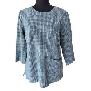 J Jill Blue Houndstooth Ponte Knit Tunic Top 3/4 Sleeve Pocket Womens Medium Mod